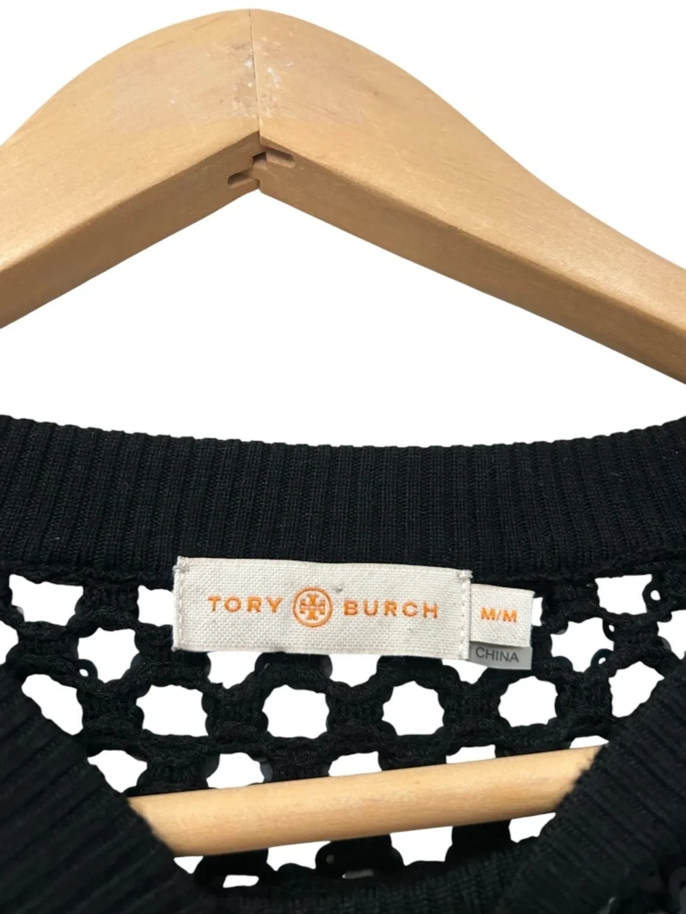 Tory Burch Black Lansing Merino Wool Blend Open Knit Sequin Sweater Women's M